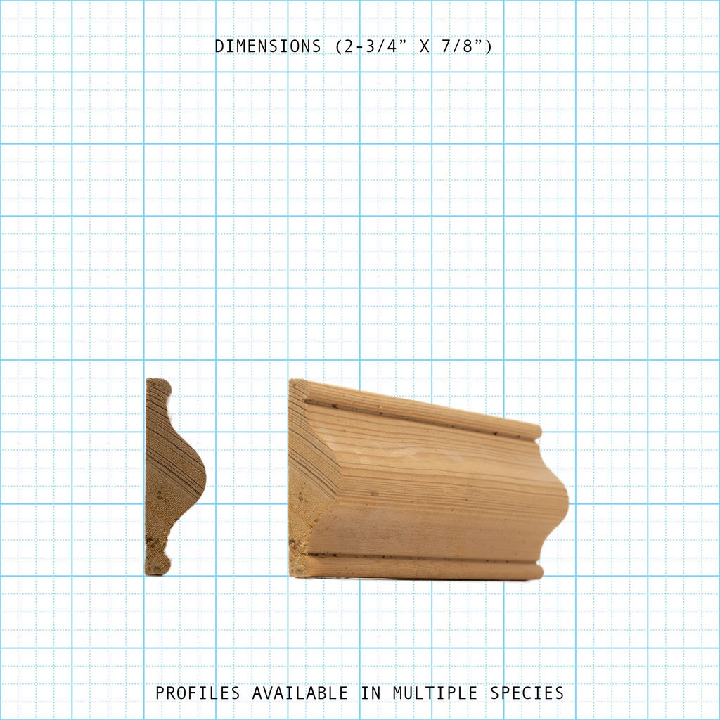 Chair rail wood molding profile diagram, 2-3/4" x 7/8" dimensions.