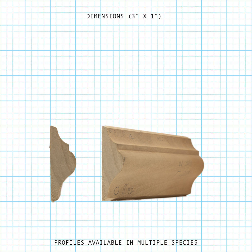 Chair rail wood molding profile diagram, 3" x 1" dimensions.