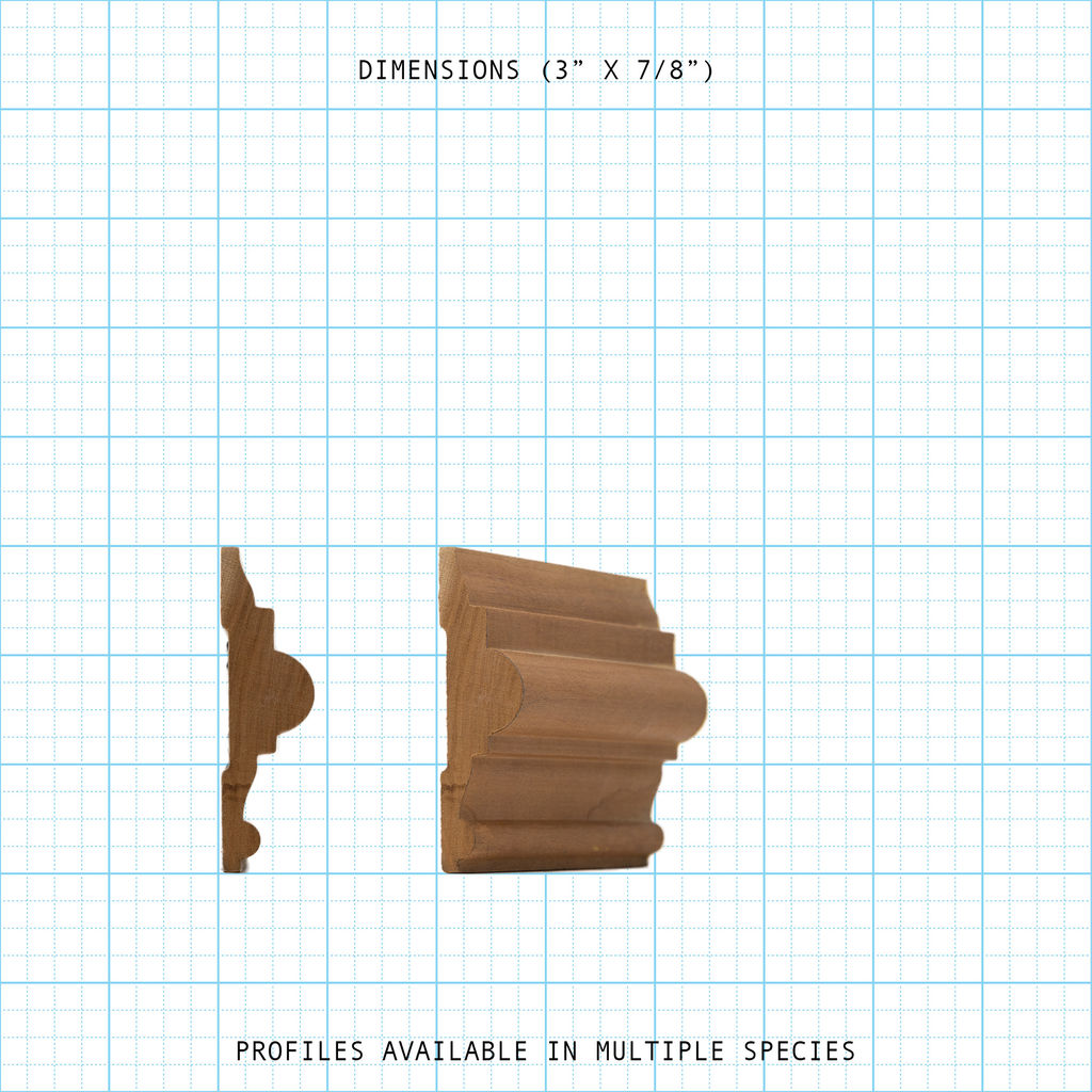 Chair rail wood molding profile diagram, 3" x 7/8" dimensions.