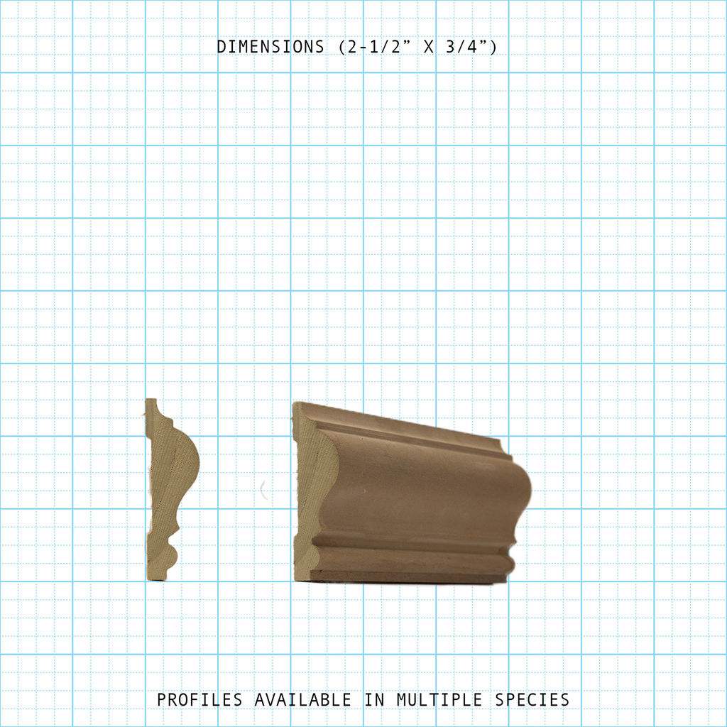 Chair rail wood molding profile diagram, 2-1/2" x 3/4" dimensions.