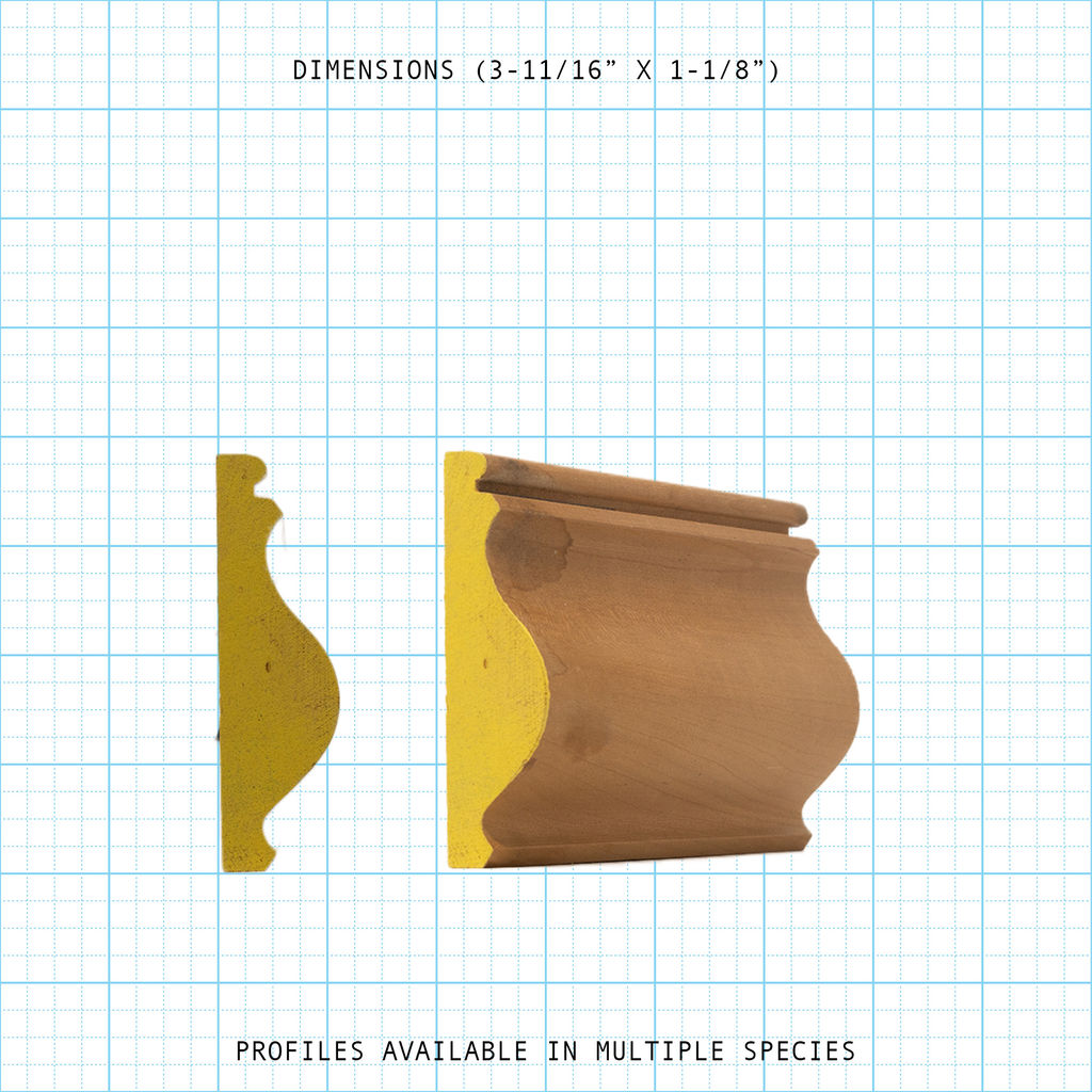 Chair rail wood molding profile diagram, 3-11/16" x 1-1/8" dimensions.