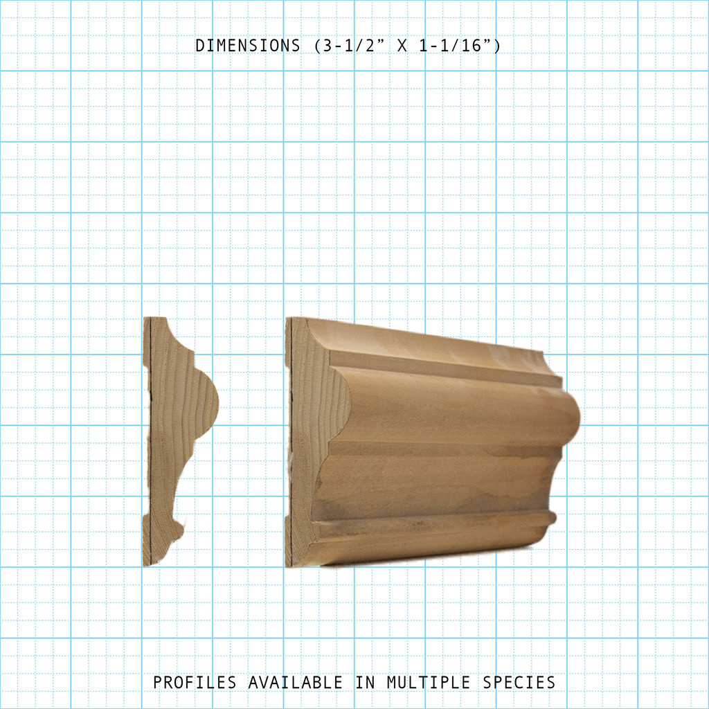 Chair rail wood molding profile diagram, 3-1/2" x 1-1/16" dimensions.