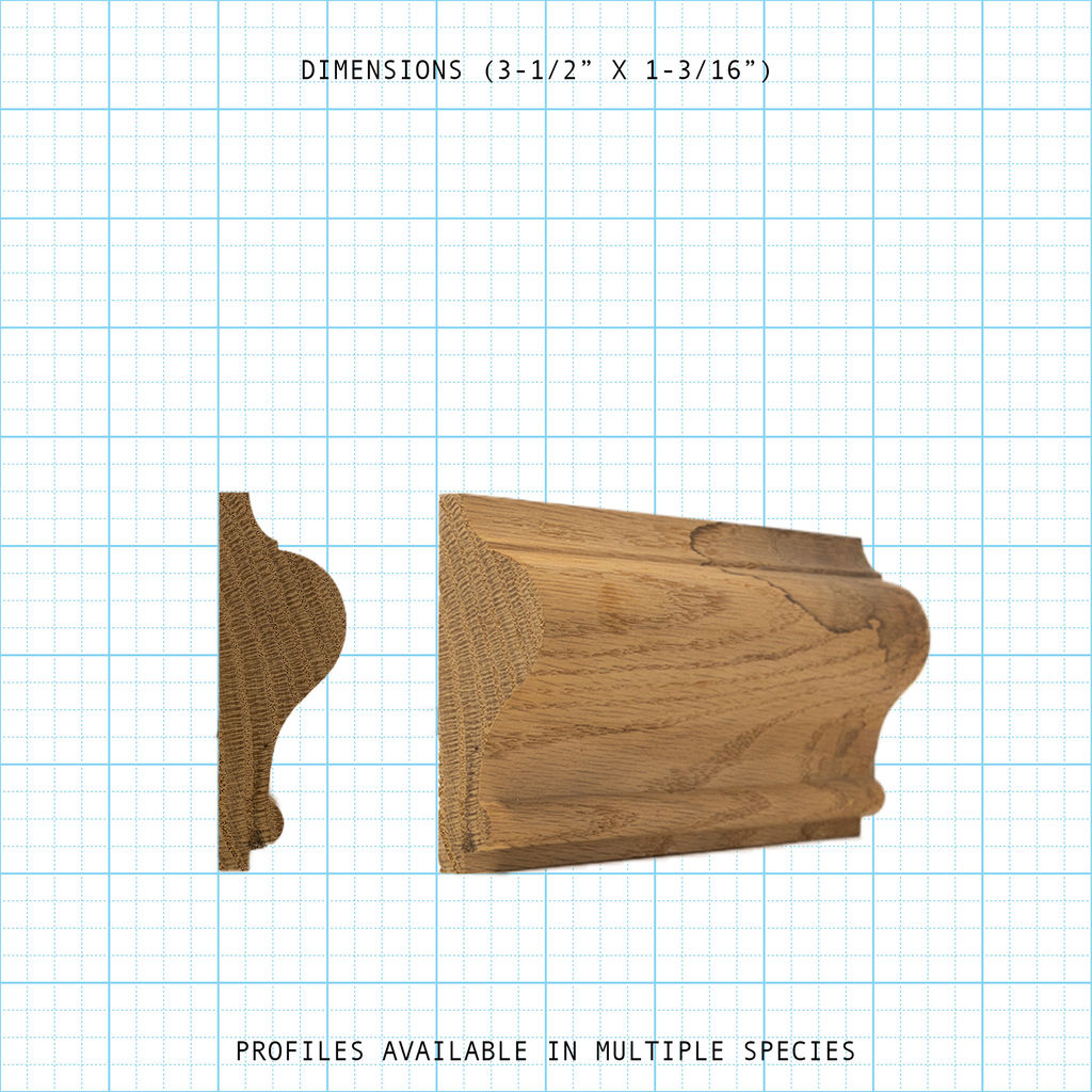 Chair rail wood molding profile diagram, 3-1/2" x 1-3/16" dimensions.