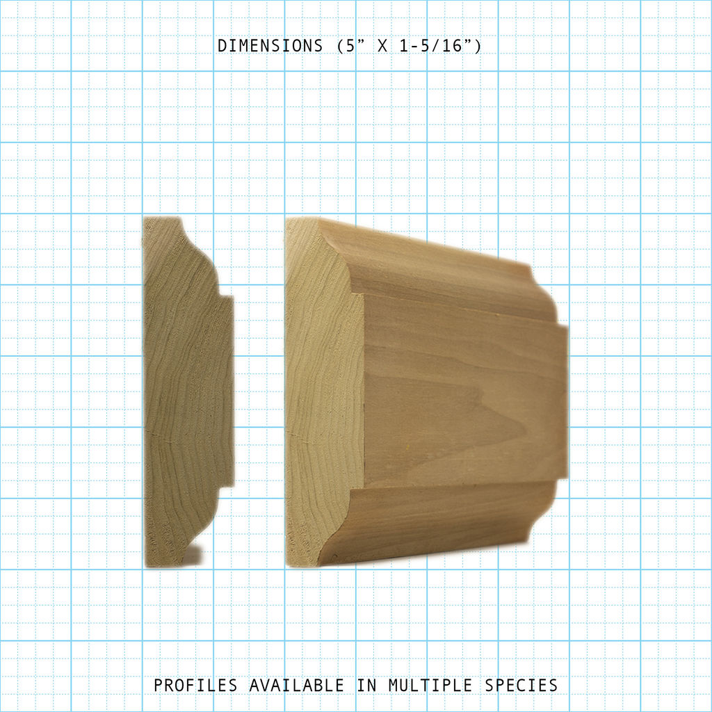 Chair rail wood molding profile diagram, 5" x 1-5/16" dimensions.