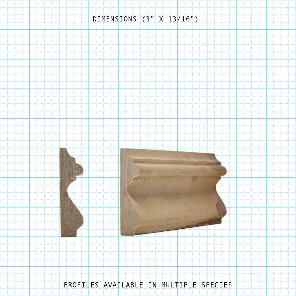 Chair rail wood molding profile diagram, 3" x 13/16" dimensions.