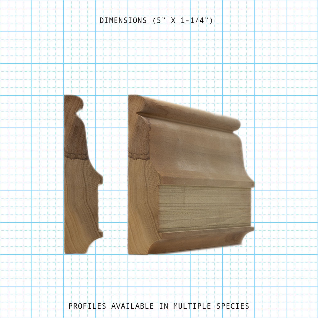 Chair rail wood molding profile diagram, 5" x 1-1/4" dimensions.