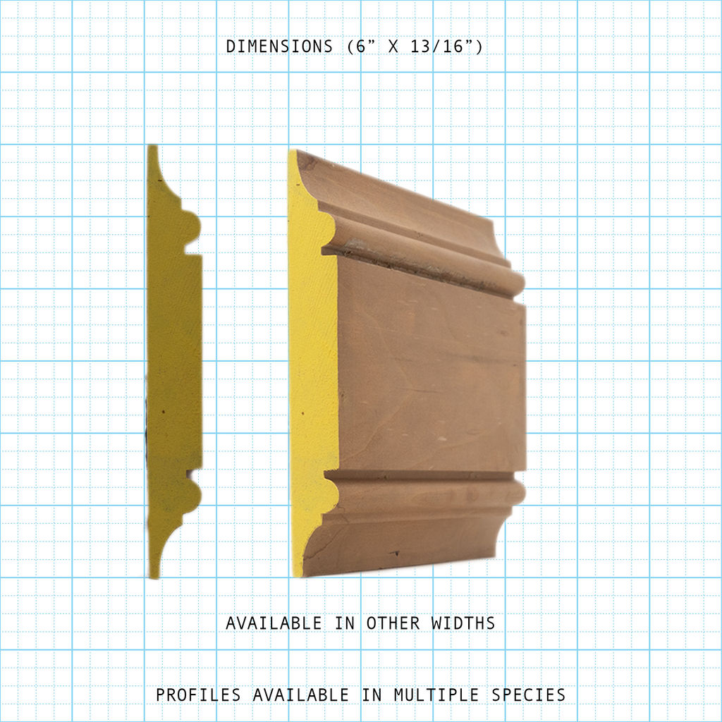 Chair rail wood molding profile diagram, 6" x 13/16" dimensions.