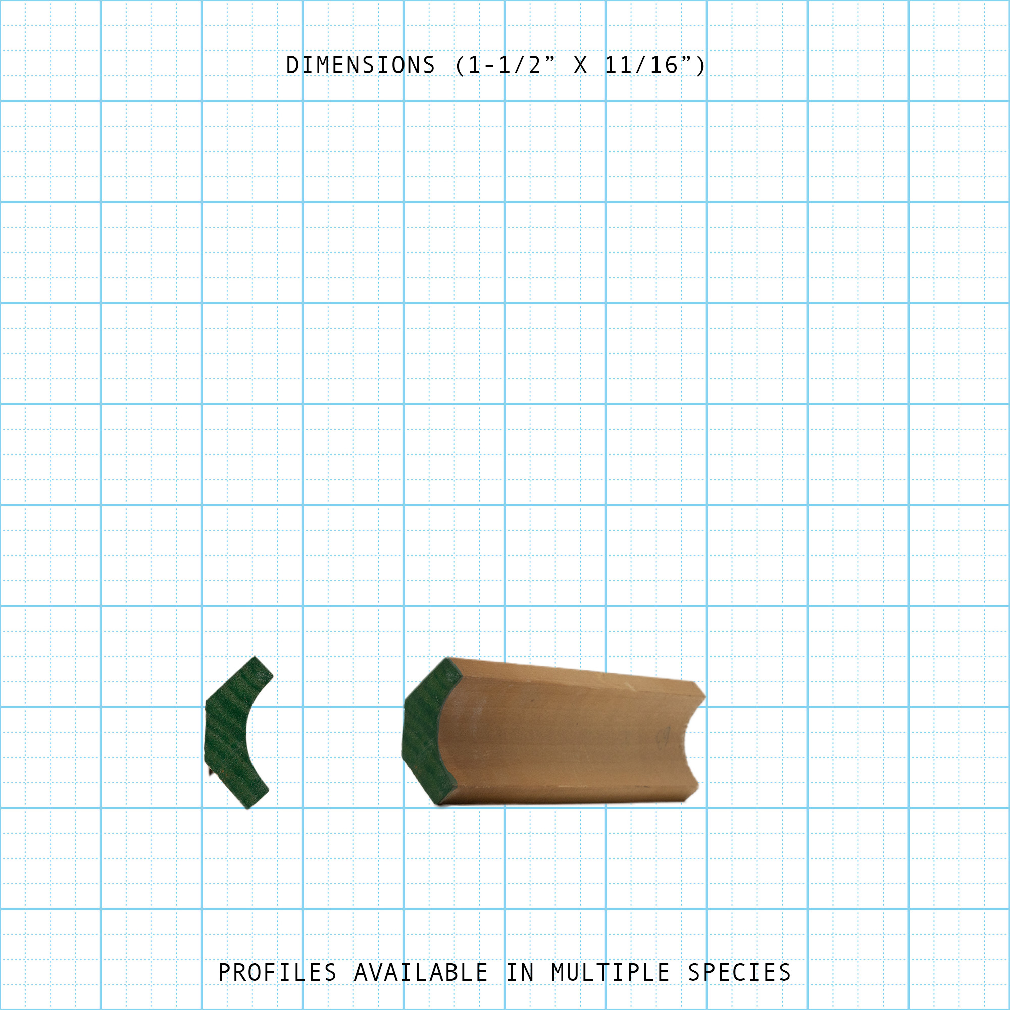 Crown wood molding profile diagram, 1-1/2" x 11/16" dimensions.