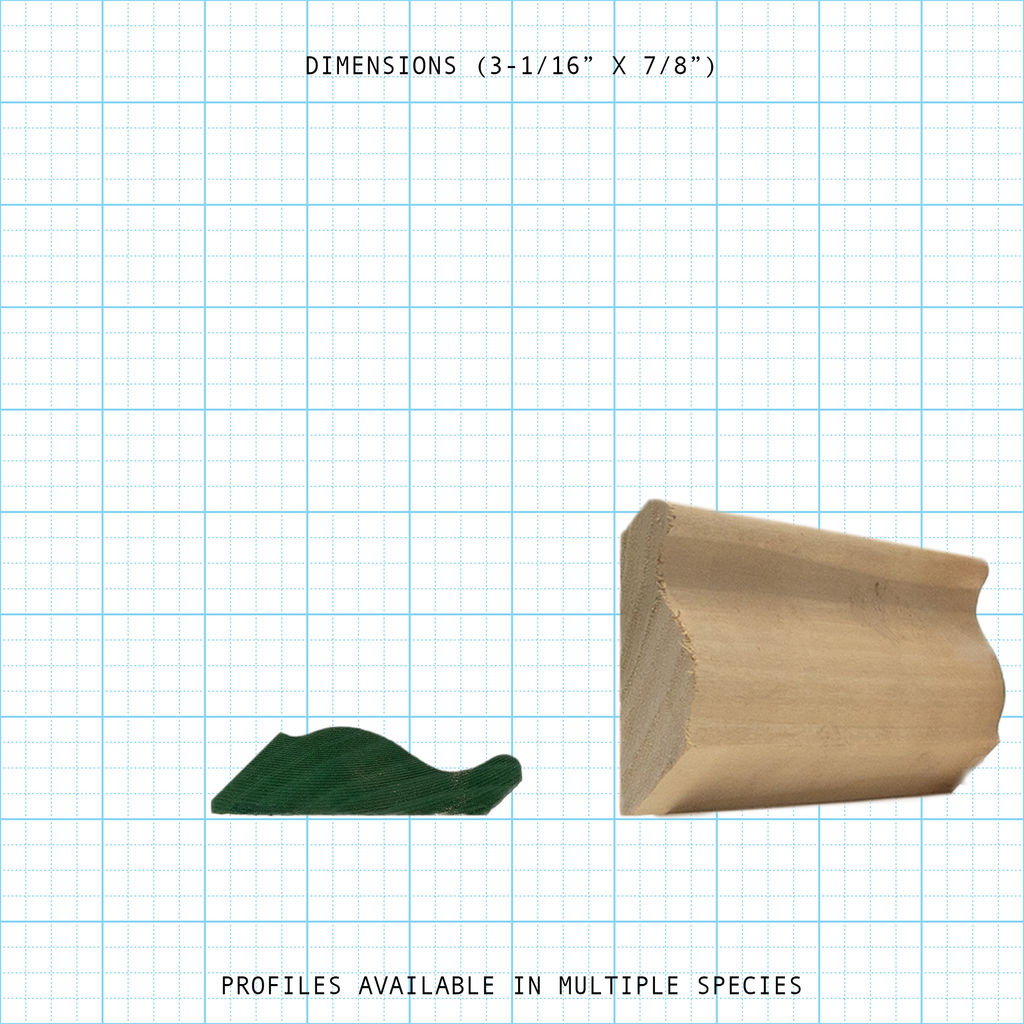 Crown wood molding profile diagram, 3-1/16" x 7/8" dimensions.
