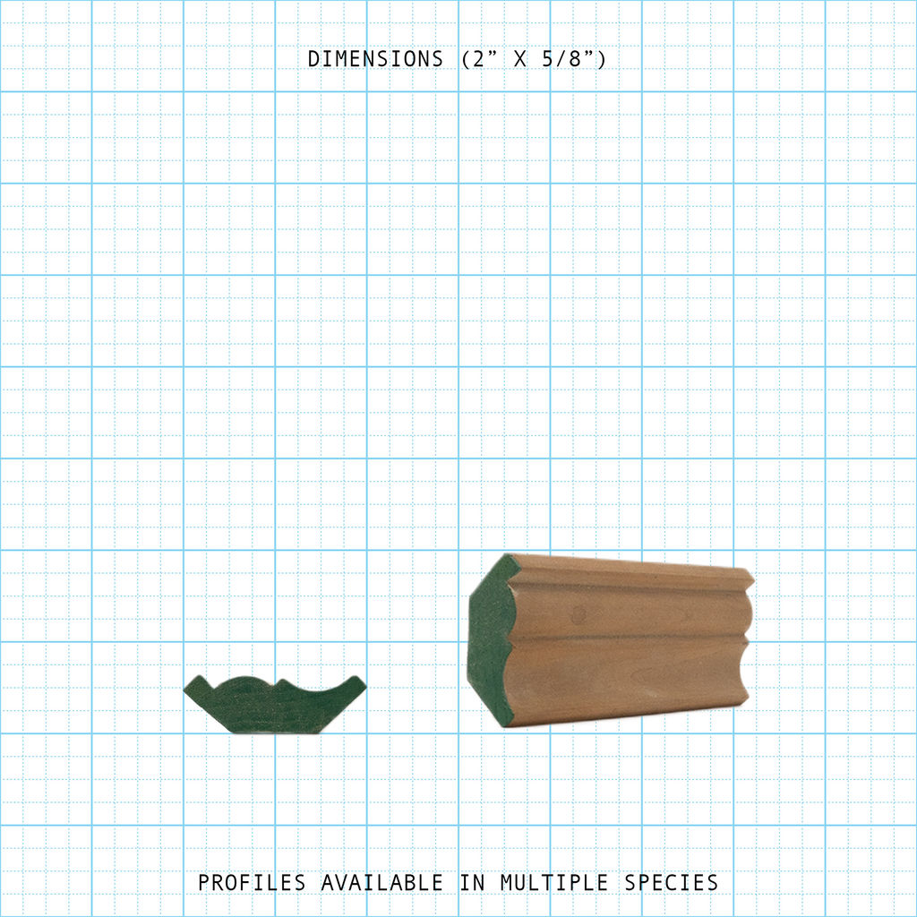 Crown wood molding profile diagram, 2" x 5/8" dimensions.