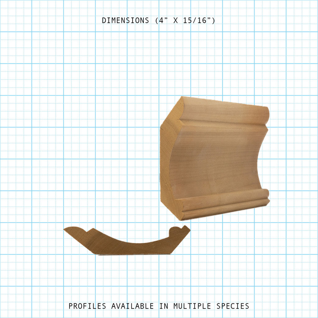 Crown wood molding profile diagram, 4" x 15/16" dimensions.