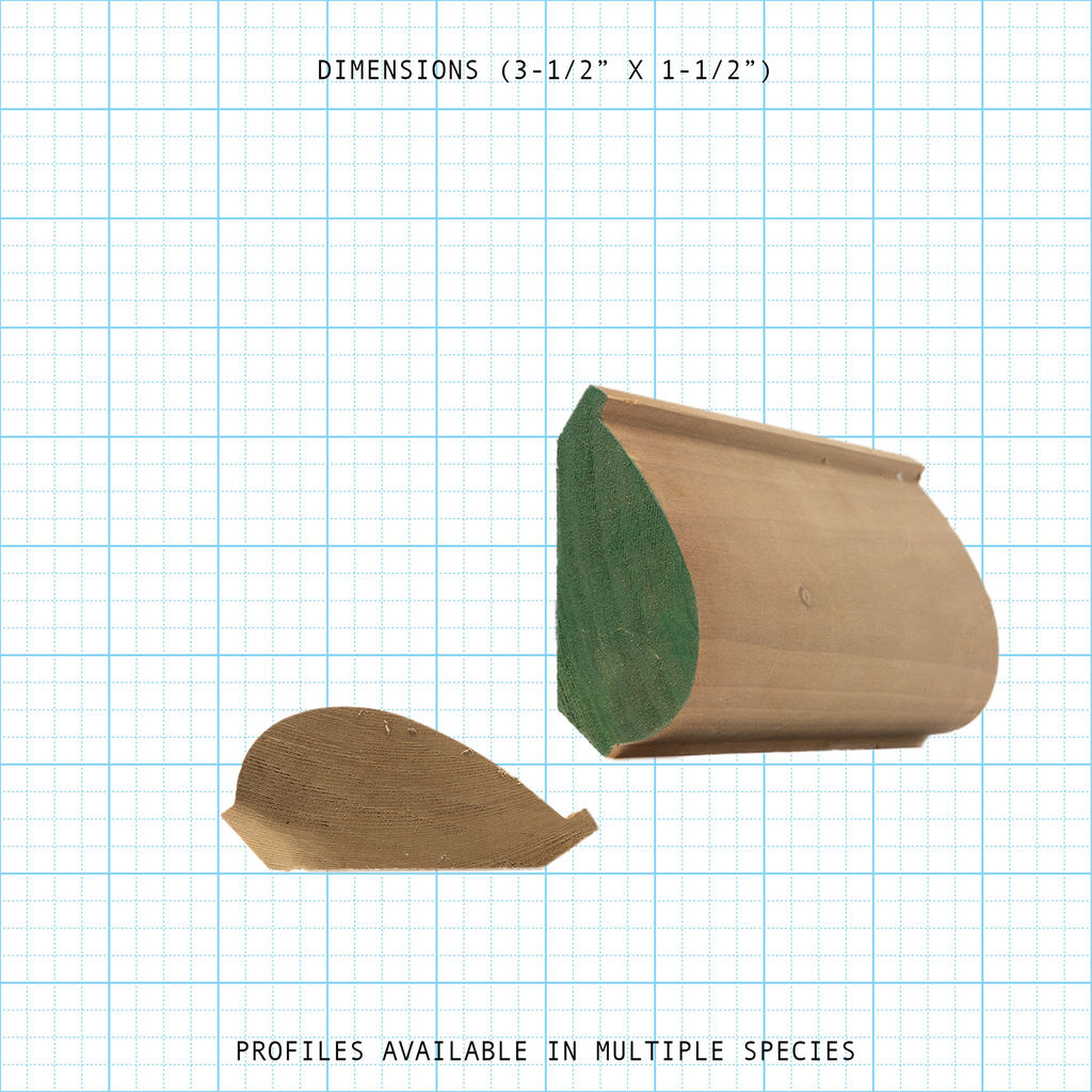 Crown wood molding profile diagram, 3-1/2" x 1-1/2" dimensions.