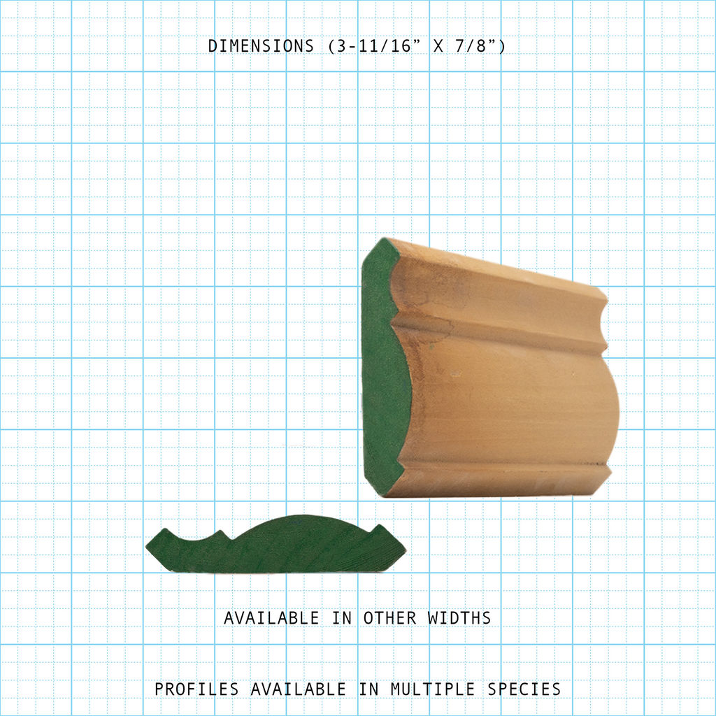 Crown wood molding profile diagram, 3-11/16" x 7/8" dimensions.