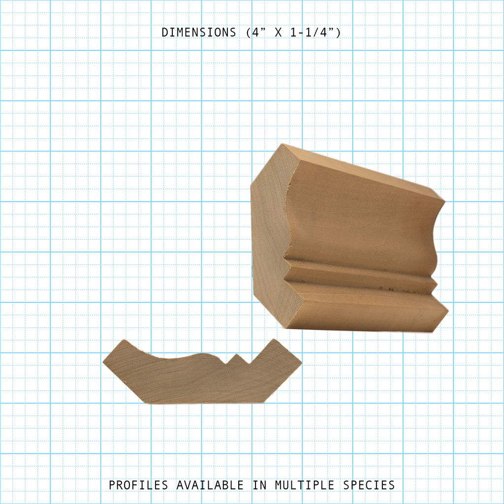 Crown wood molding profile diagram, 4" x 1-1/4" dimensions.