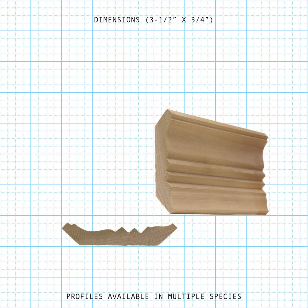 Crown wood molding profile diagram, 3-1/2" x 3/4" dimensions.