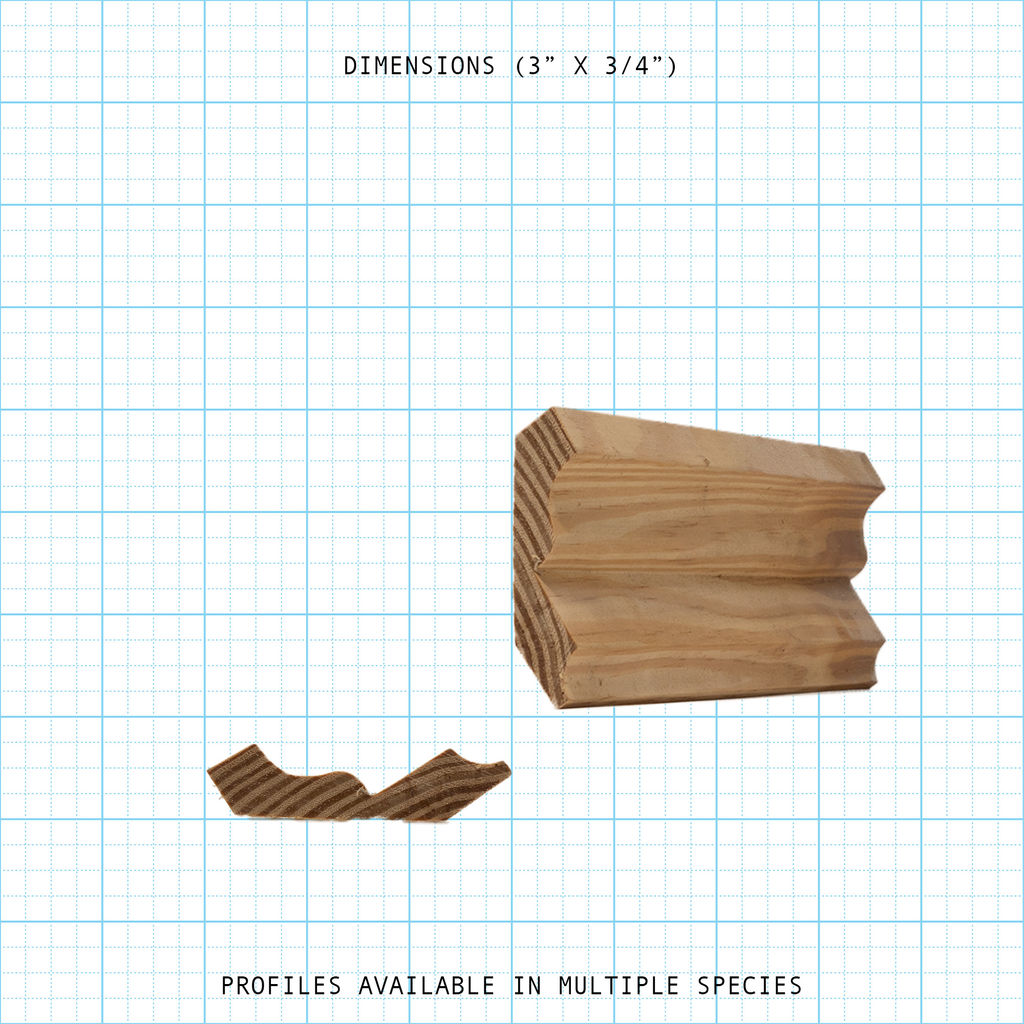Crown wood molding profile diagram, 3" x 3/4" dimensions.