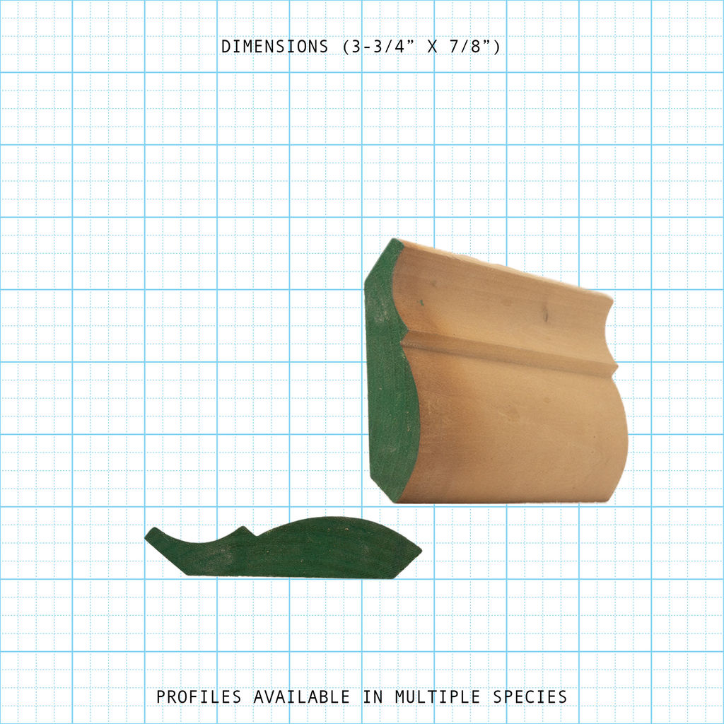 Crown wood molding profile diagram, 3-3/4" x 7/8" dimensions.