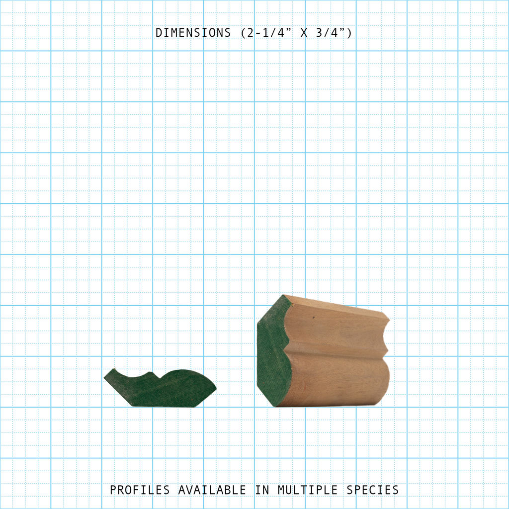Crown wood molding profile diagram, 2-1/4" x 3/4" dimensions.