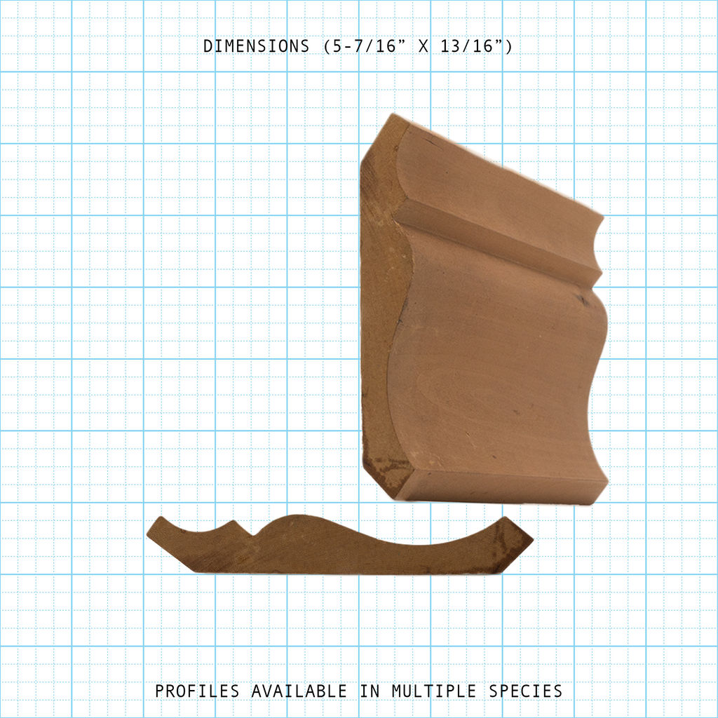 Crown wood molding profile diagram, 5-7/16" x 13/16" dimensions.