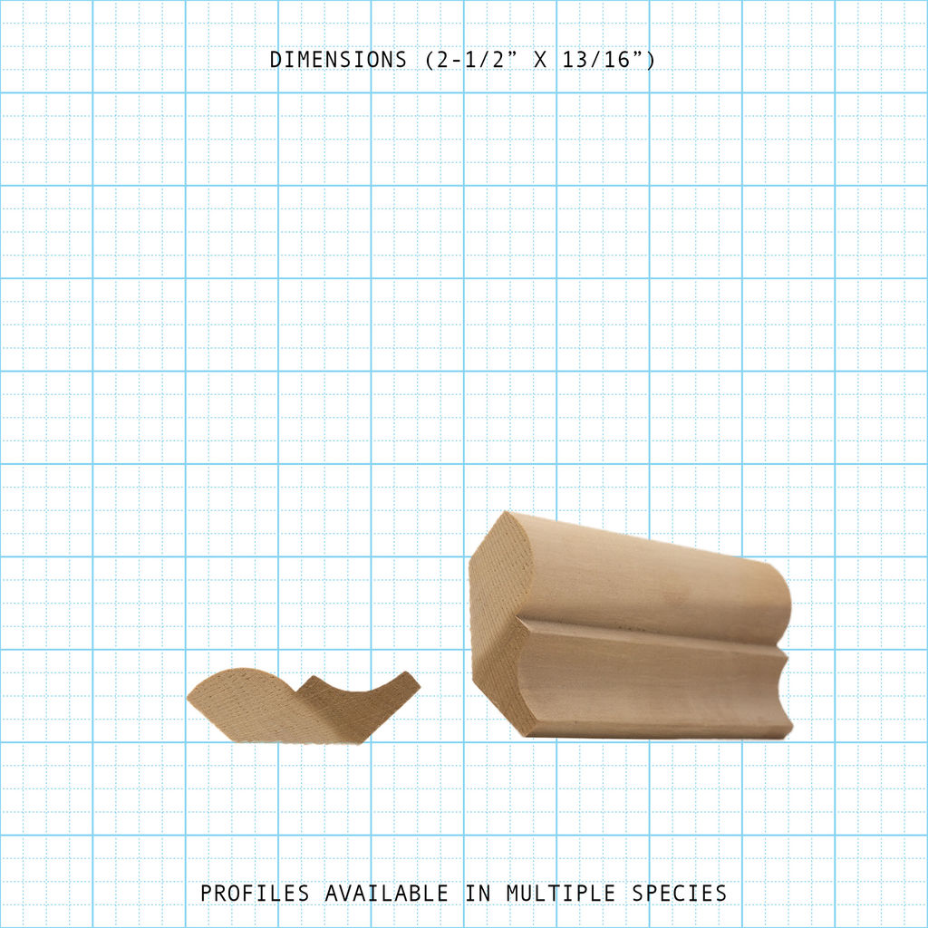 Crown wood molding profile diagram, 2-1/2" x 13/16" dimensions.
