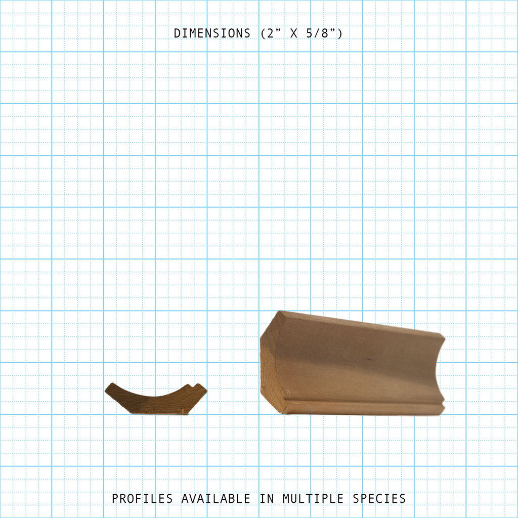 Crown wood molding profile diagram, 2" x 5/8" dimensions.