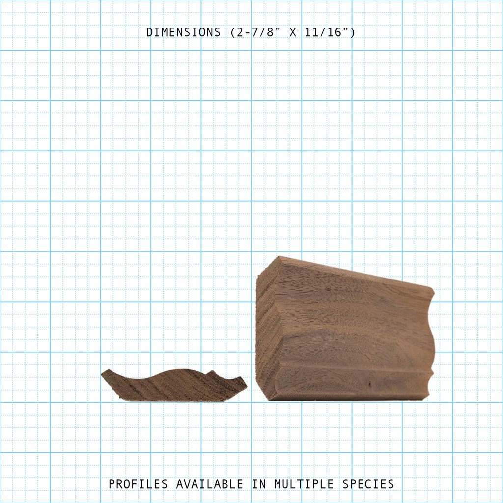 Crown wood molding profile diagram, 2-7/8" x 11/16" dimensions.