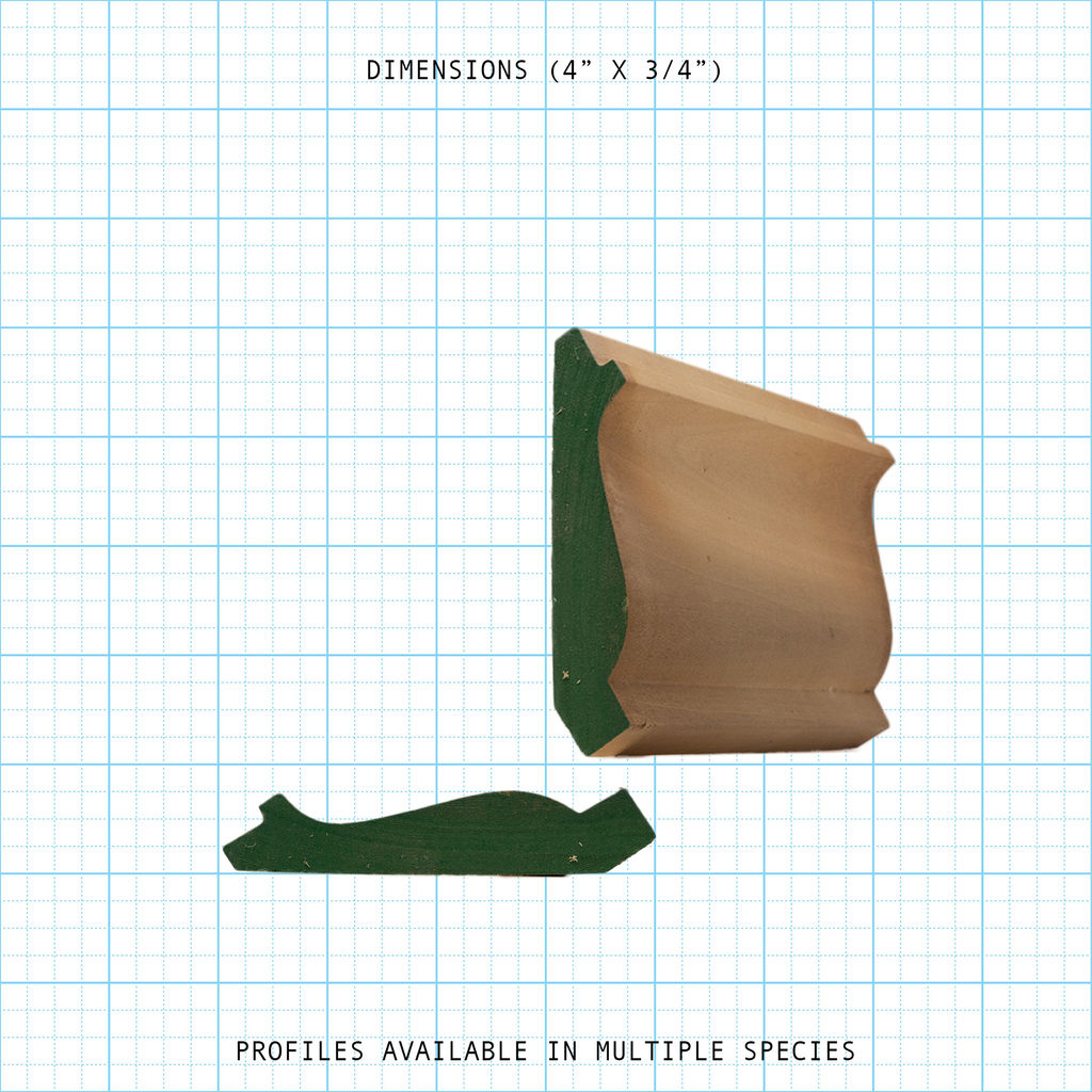 Crown wood molding profile diagram, 4" x 3/4" dimensions.