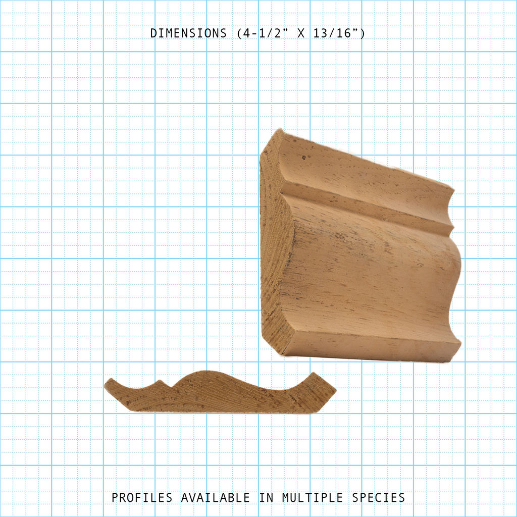 Crown wood molding profile diagram, 4-1/2" x 13/16" dimensions.