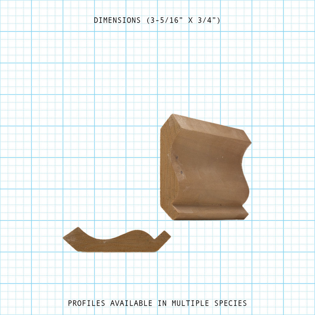 Crown wood molding profile diagram, 3-5/16" x 3/4" dimensions.