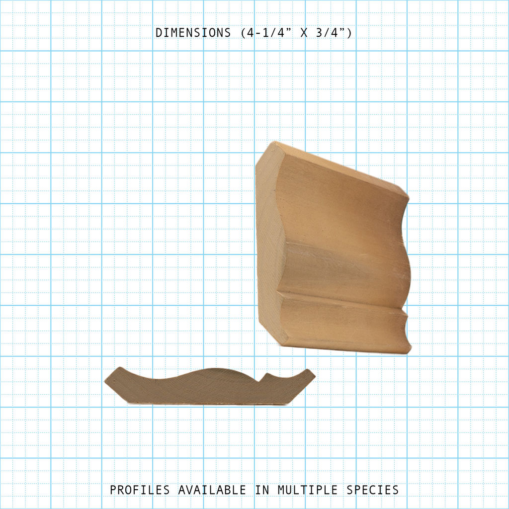 Crown wood molding profile diagram, 4-1/4" x 3/4" dimensions.