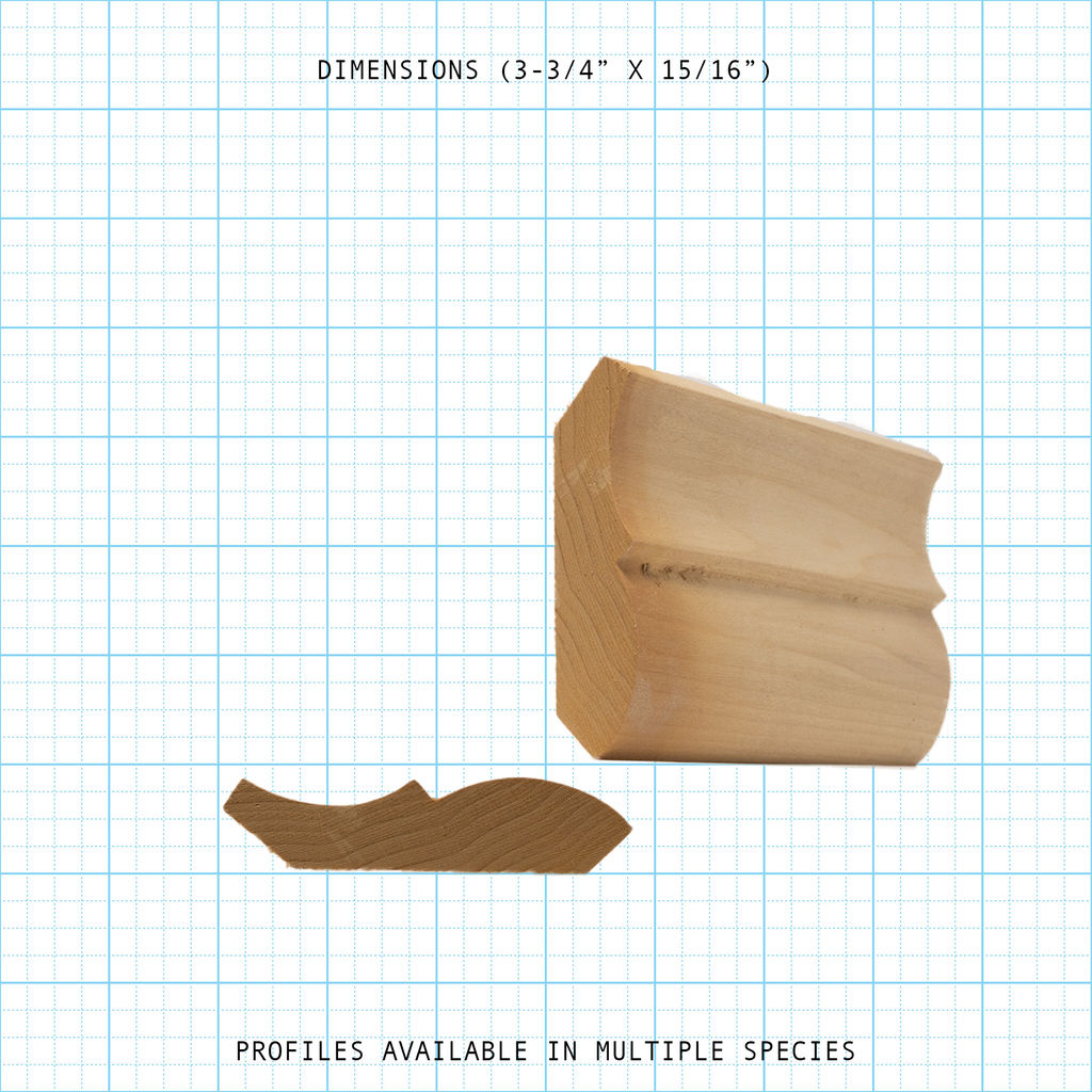 Crown wood molding profile diagram, 3-3/4" x 15/16" dimensions.