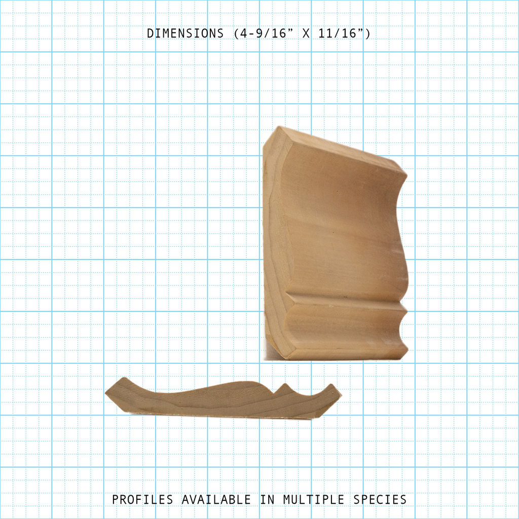 Crown wood molding profile diagram, 4-9/16" x 11/16" dimensions.