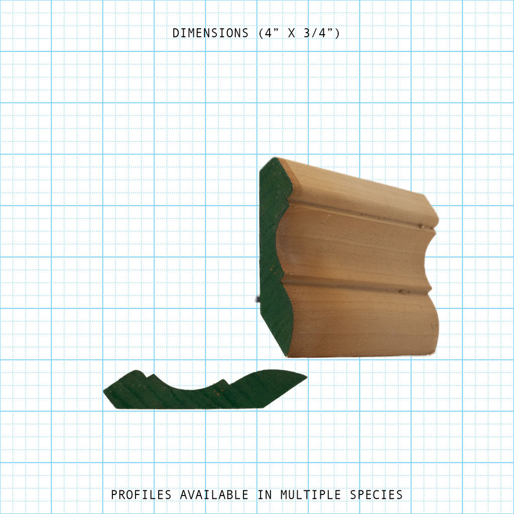 Crown wood molding profile diagram, 4" x 3/4" dimensions.