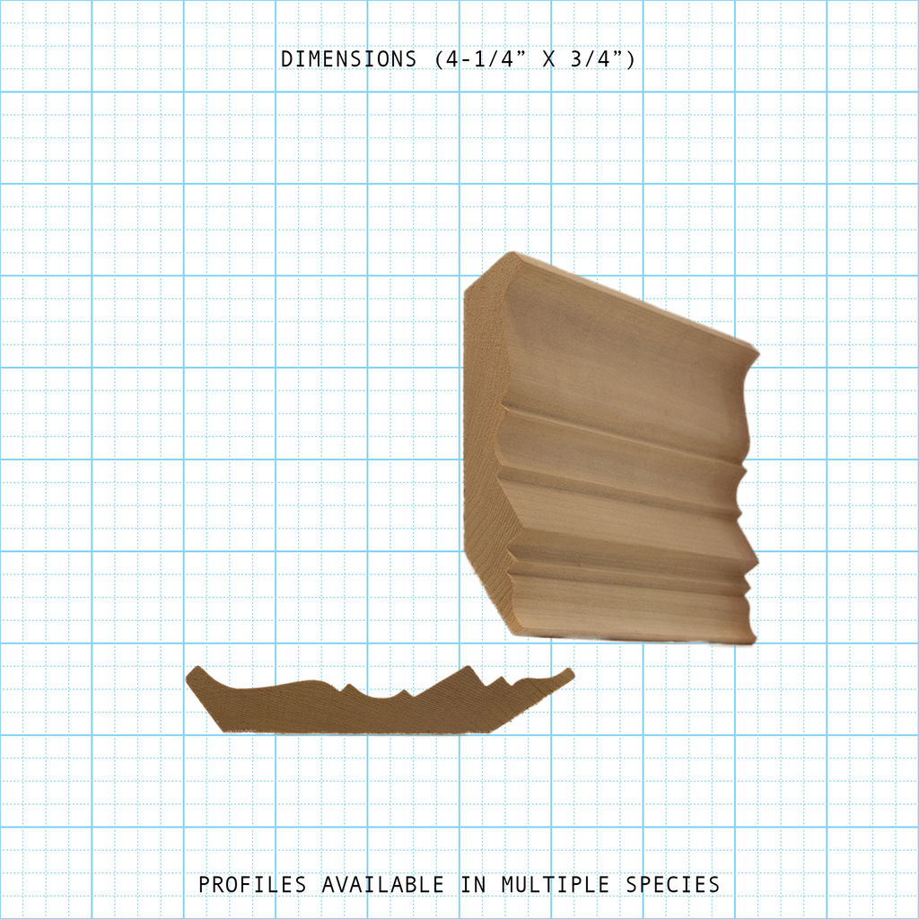 Crown wood molding profile diagram, 4-1/4" x 3/4" dimensions.