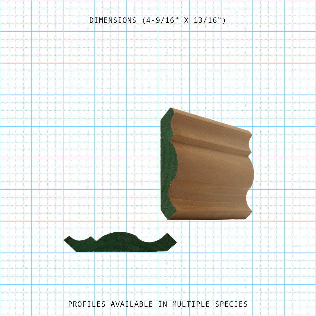 Crown wood molding profile diagram, 4-9/16" x 13/16" dimensions.