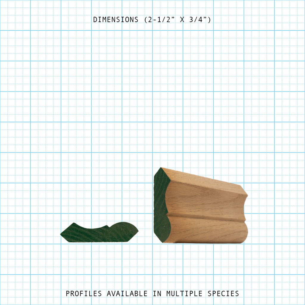 Crown wood molding profile diagram, 2-1/2" x 3/4" dimensions.