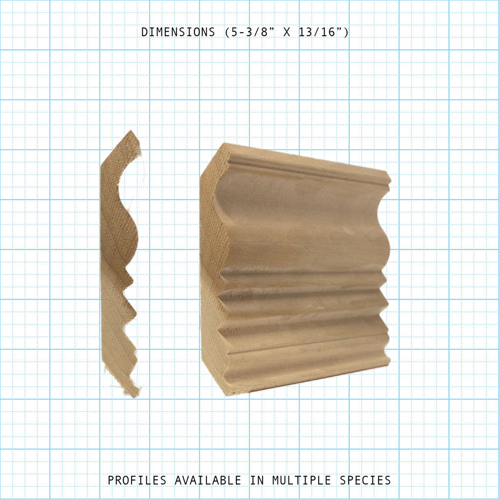 Crown wood molding profile diagram, 5-3/8" x 13/16" dimensions.
