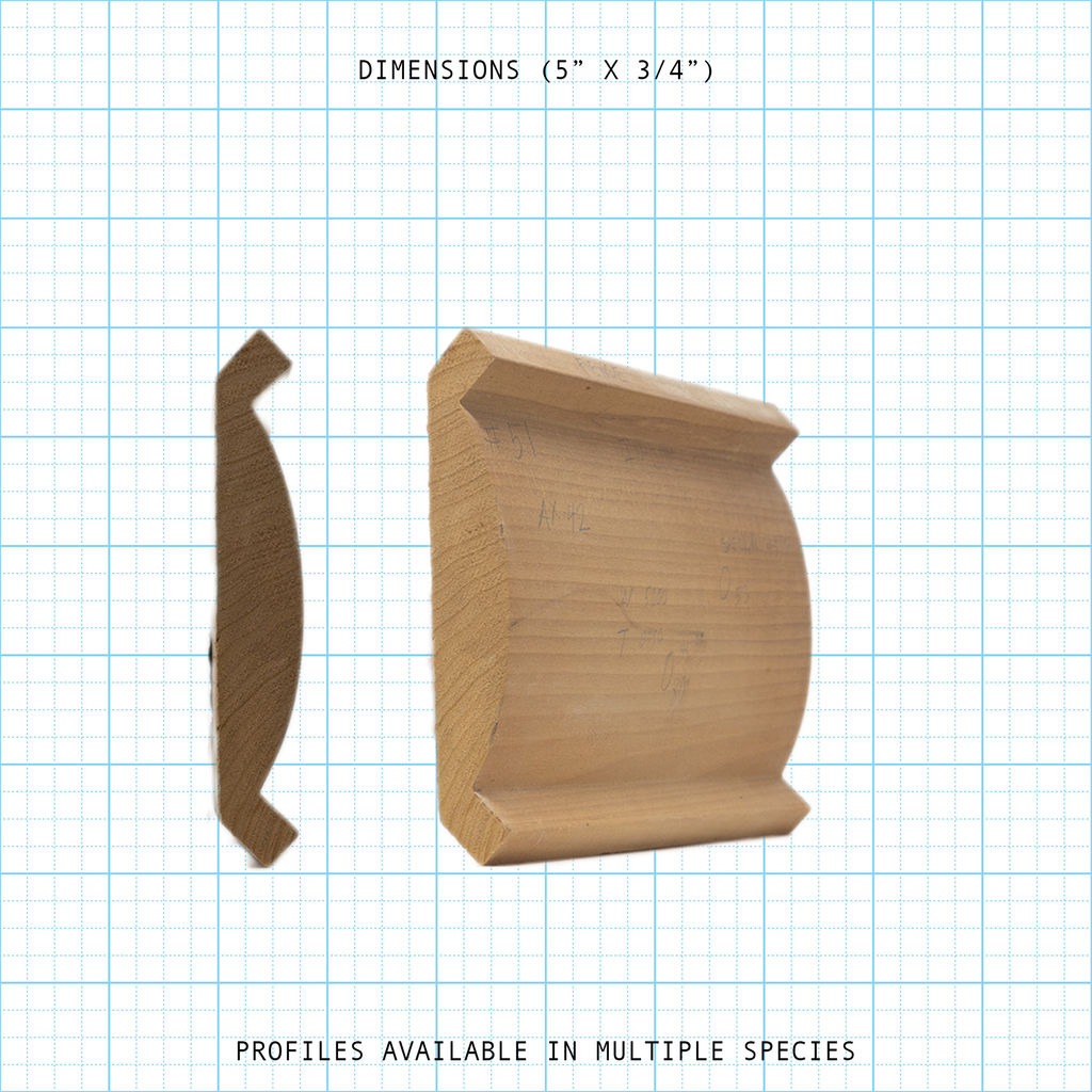 Crown wood molding profile diagram, 5" x 3/4" dimensions.