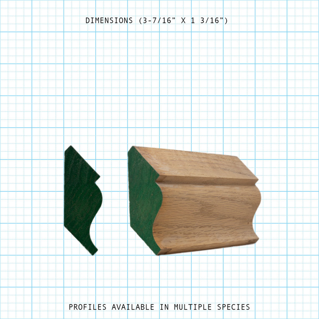 Crown wood molding profile diagram, 3-7/16" x 1-3/16" dimensions.