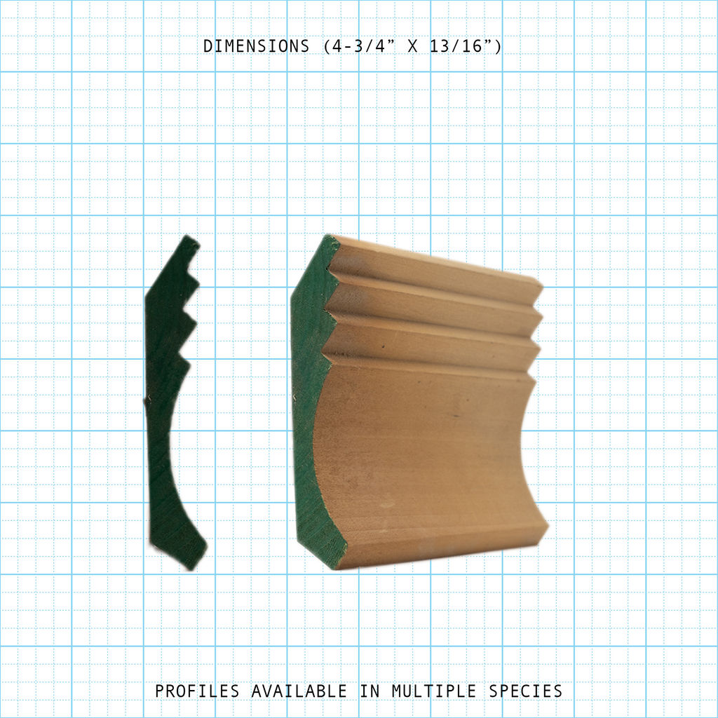 Crown wood molding profile diagram, 4-3/4" x 13/16" dimensions.