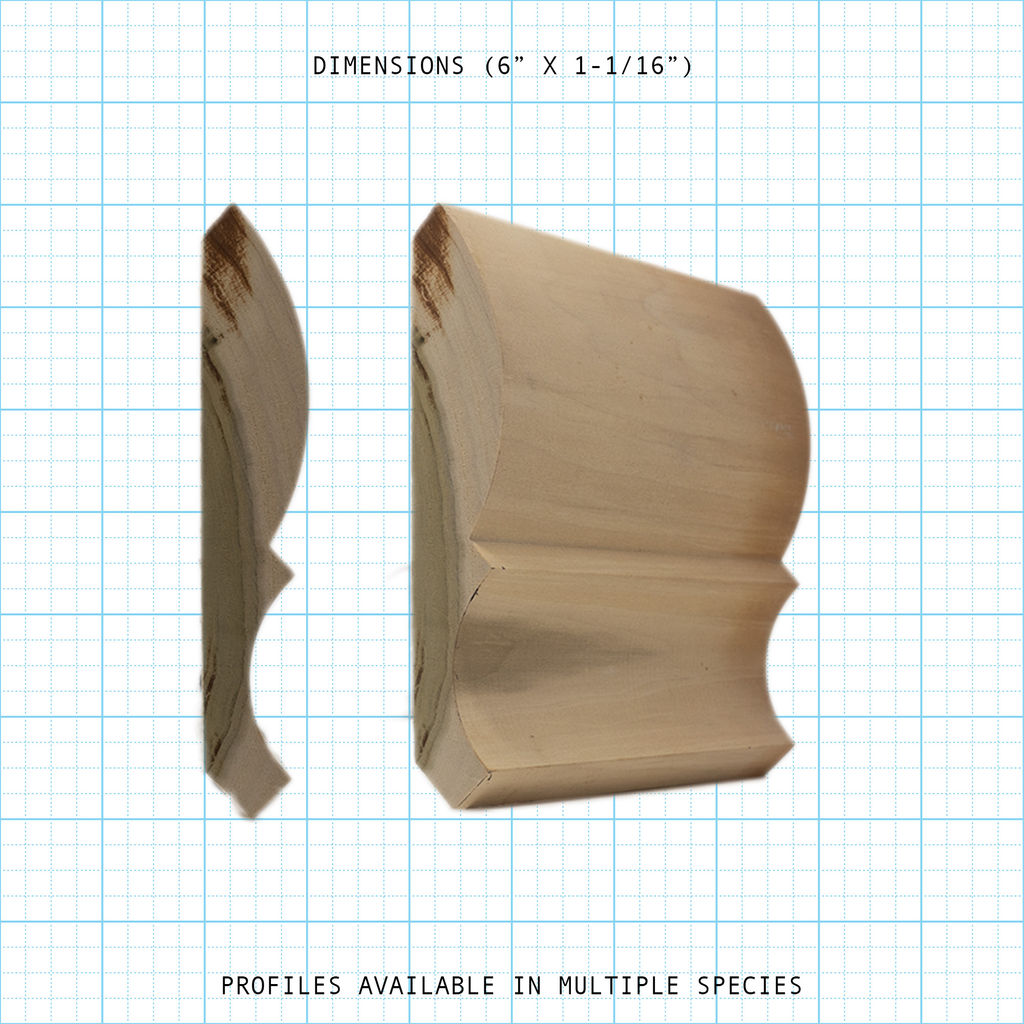 Crown wood molding profile diagram, 6" x 1-1/16" dimensions.