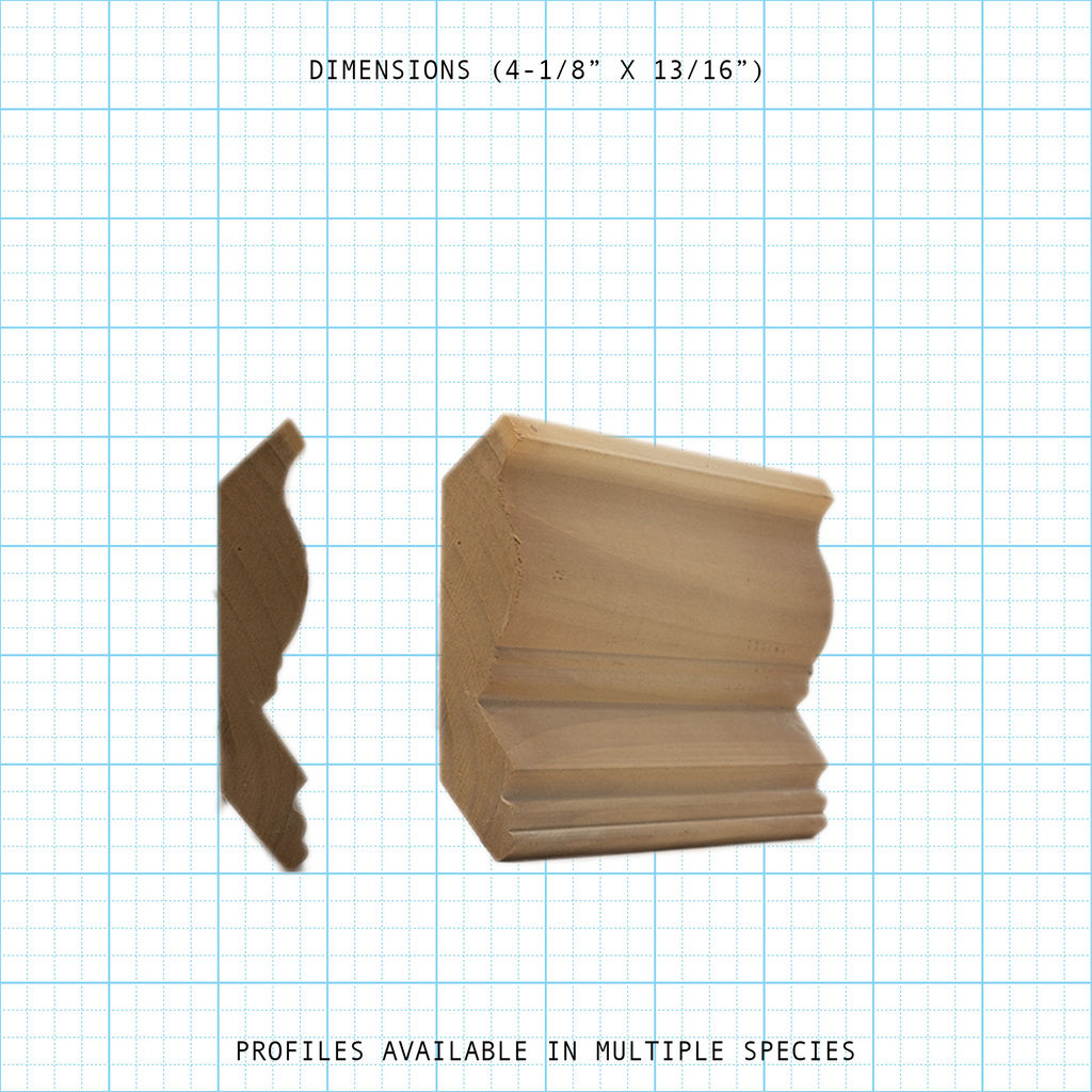 Crown wood molding profile diagram, 4-1/8" x 13/16" dimensions.