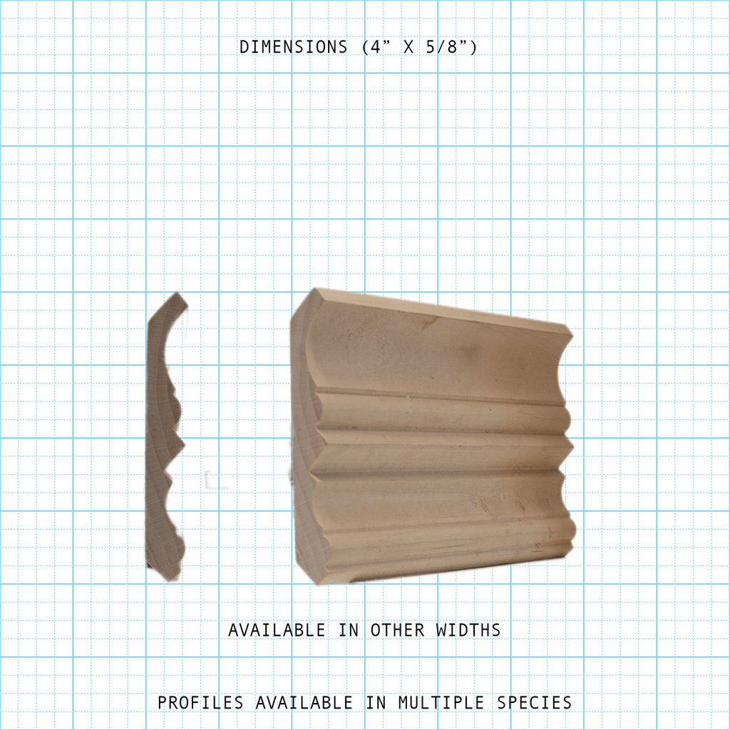 Crown wood molding profile diagram, 4" x 5/8" dimensions.