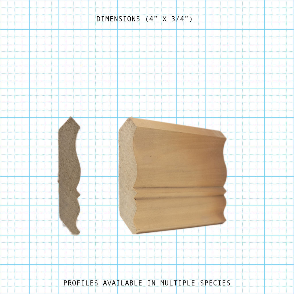 Crown wood molding profile diagram, 4" x 3/4" dimensions.