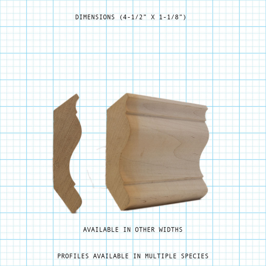 Crown wood molding profile diagram, 4-1/2" x 1-1/8" dimensions.