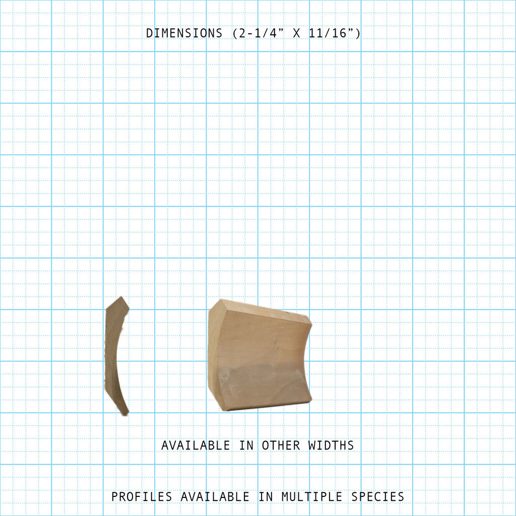 Crown wood molding profile diagram, 2-1/4" x 11/16" dimensions.