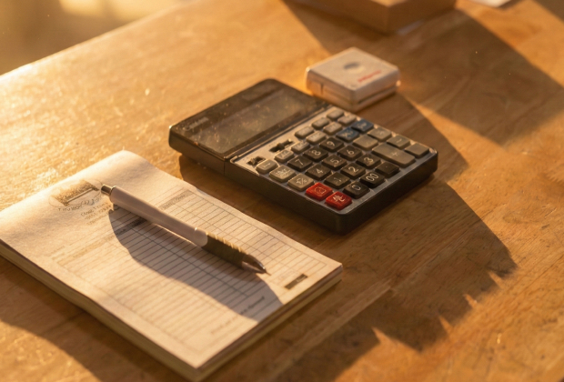 Calculator, pen, and notepad with a 'Custom Millwork' logo on a wooden desk, ready for millwork molding details.