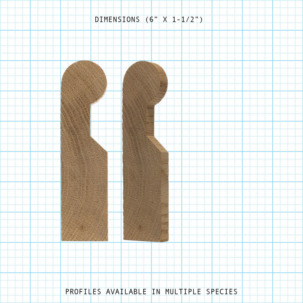 Wooden handrail profile diagram, 6" x 1-1/2" dimensions.