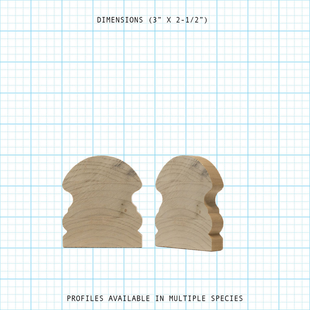 Wooden handrail profile diagram, 3" x 2-1/2" dimensions.