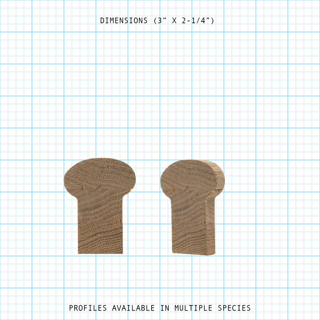 Wooden handrail profile diagram, 3" x 2-1/4" dimensions.